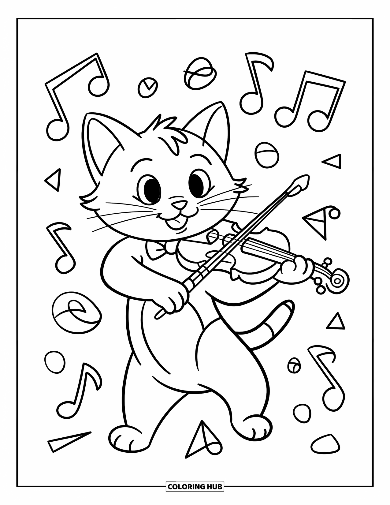 Desenho de Música para Colorir para Crianças: Gato fofo em movimento tocando violino com notas flutuantes e formas divertidas