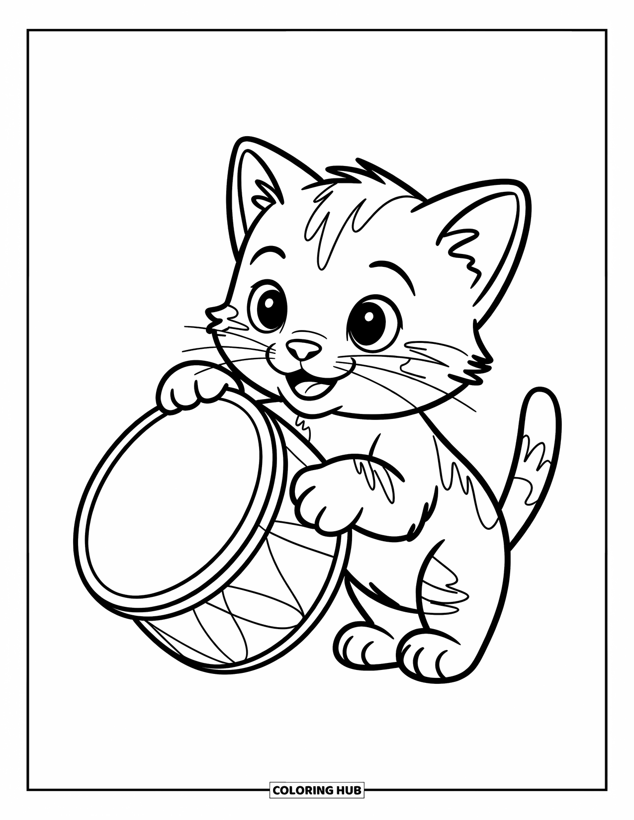 Desenho de Música para Colorir para Crianças: Gatinho fofo com um rabo fofo enrolado ao lado de um grande tambor