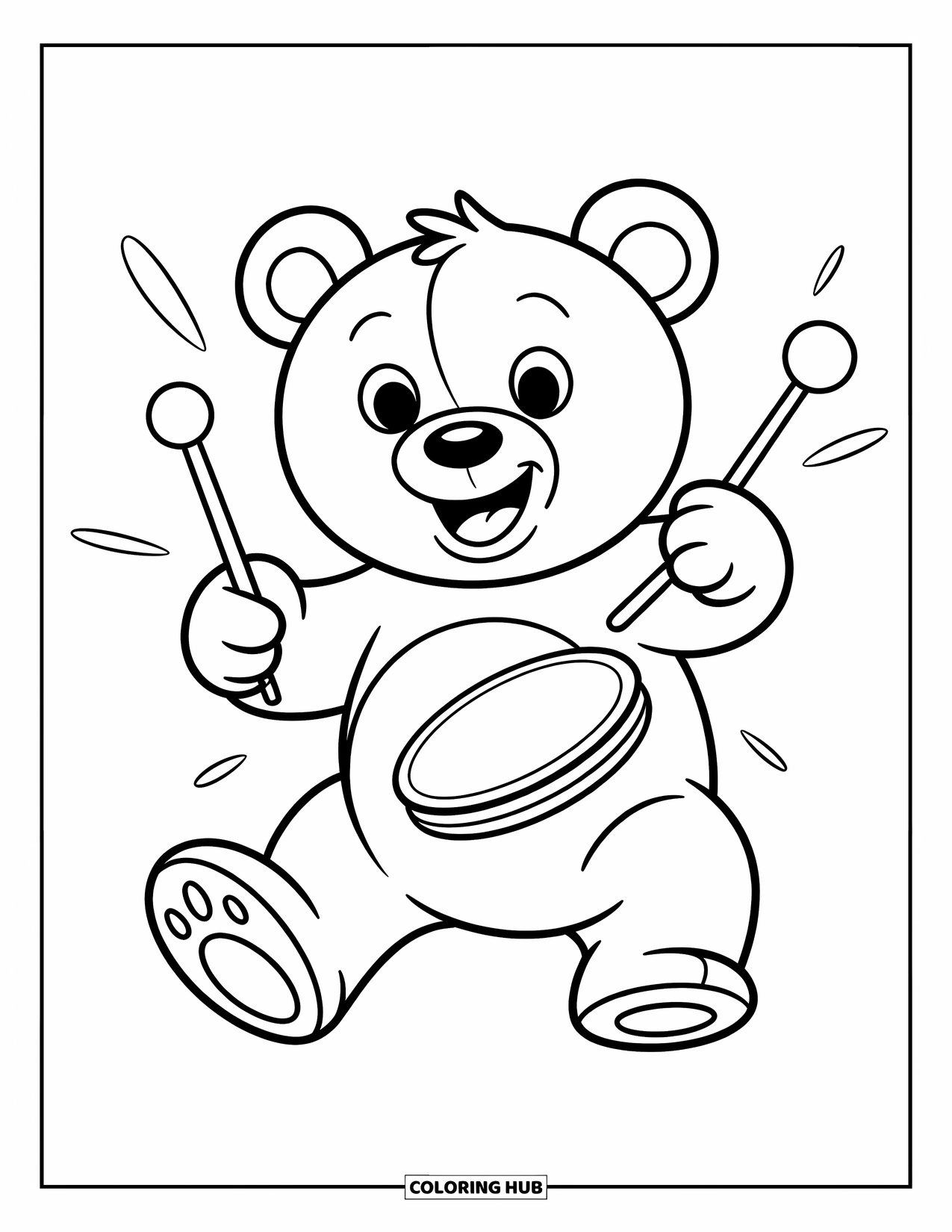 Desenho de Música para Colorir para Crianças: Urso batendo pratos em movimento com linhas ousadas e um sorriso feliz