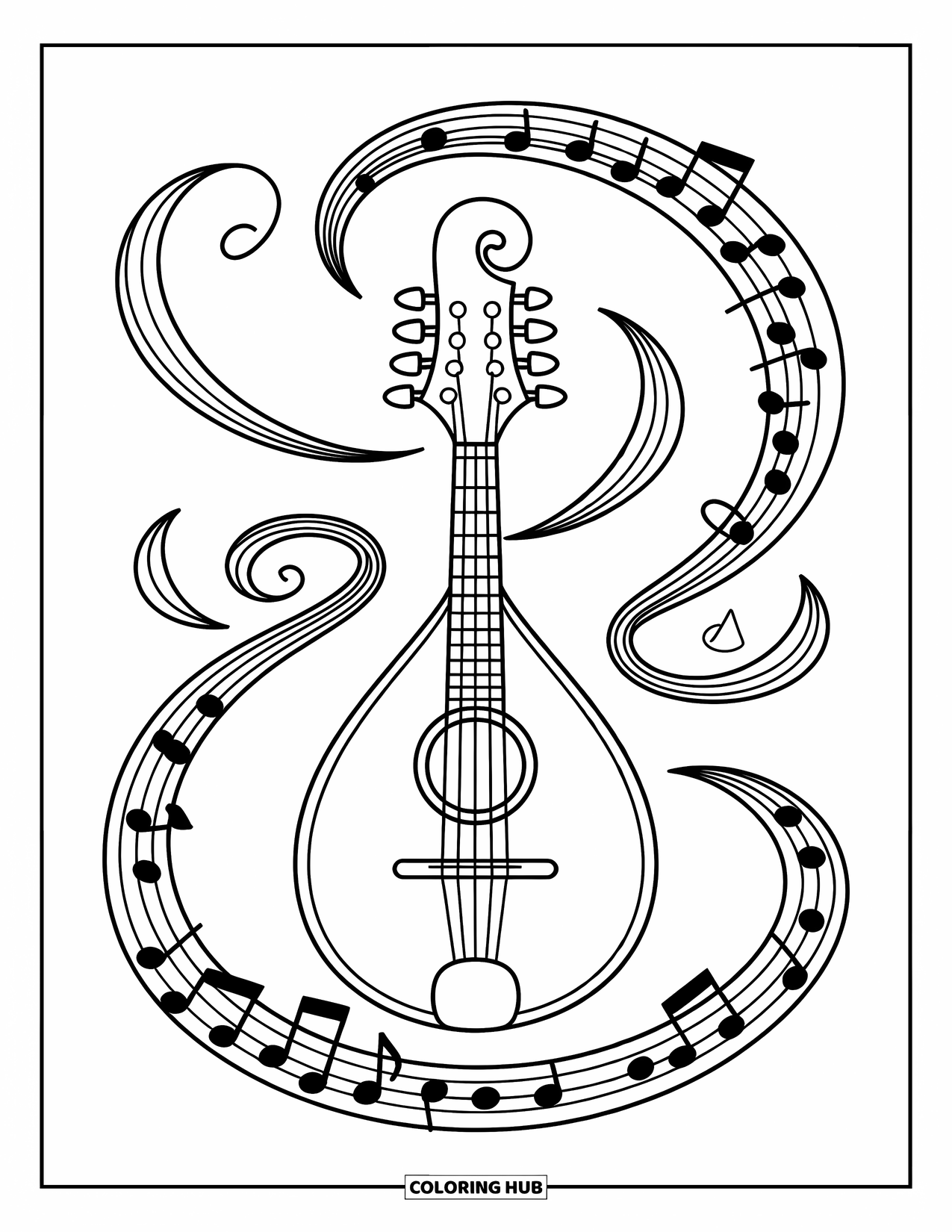 Desenho de Música para Colorir para Crianças: Bandolim decorativo emoldurado por redemoinhos musicais e suaves acentos curvos