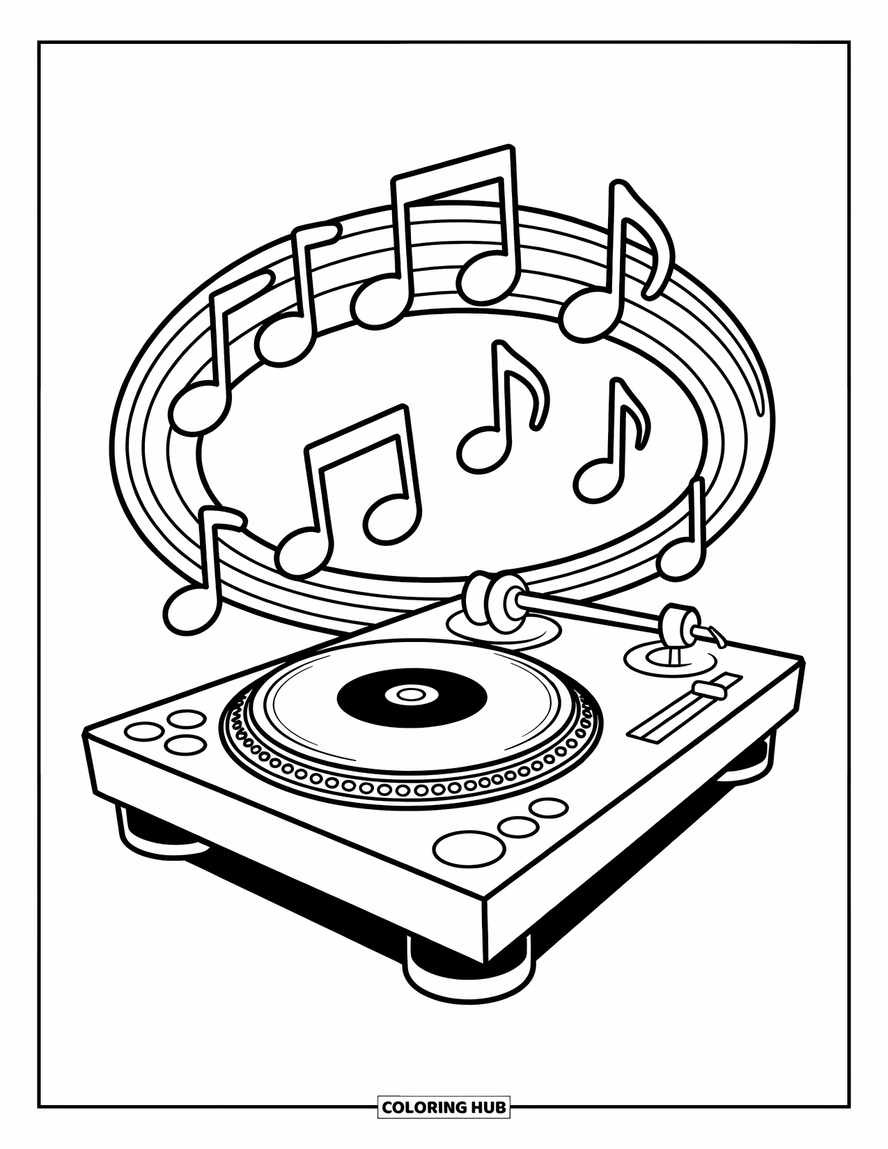 Desenho de Música para Colorir para Crianças: Mesa de DJ cercada por notas flutuantes em um ritmo circular divertido