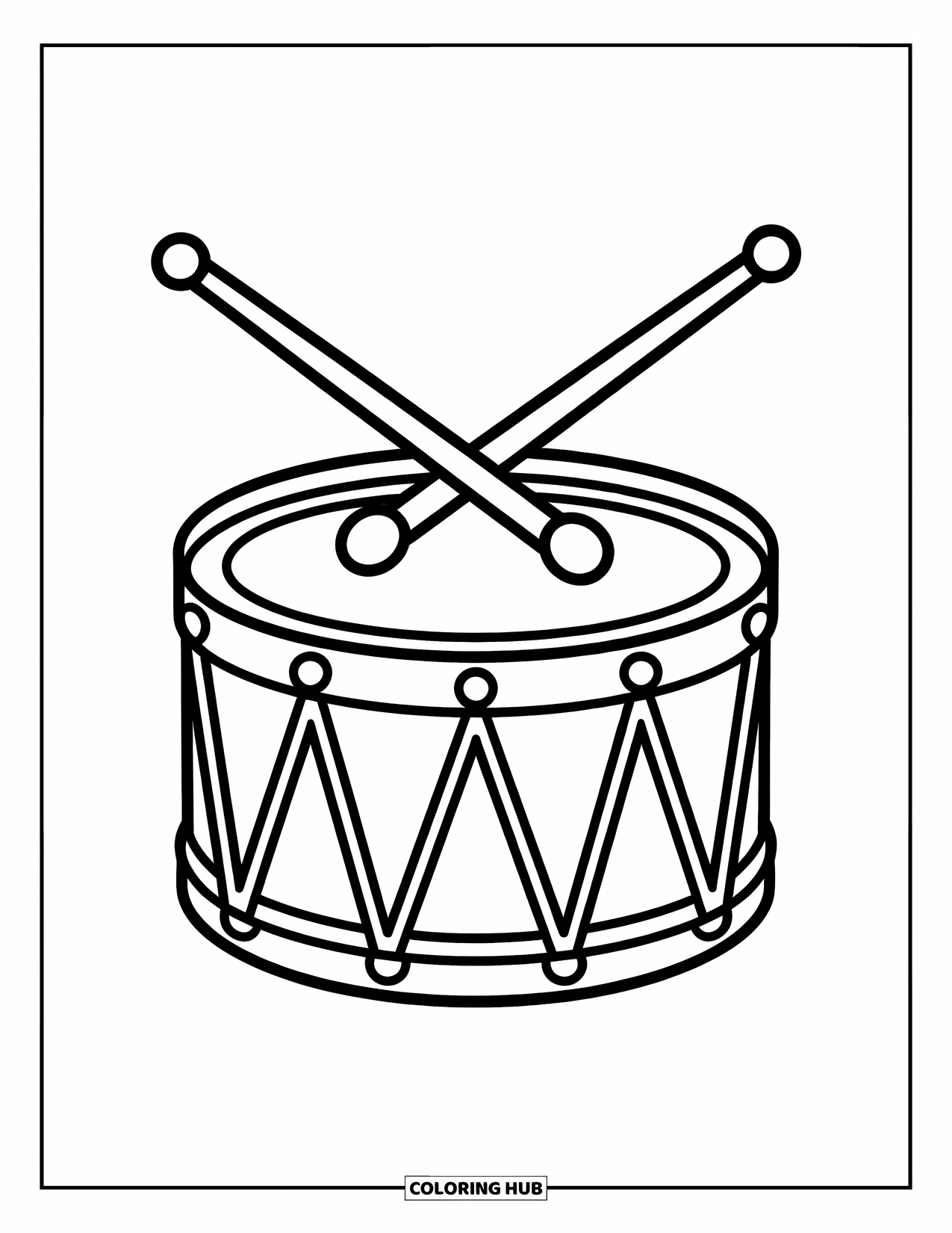 Desenho de Música para Colorir para Crianças: Tambor com baquetas diagonais e detalhes divertidos de banda marcial ao redor da borda