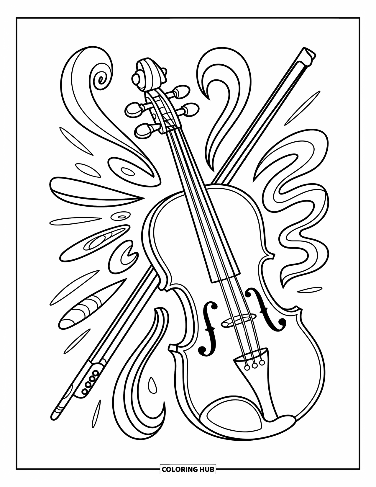 Desenho de Música para Colorir para Crianças: Violino e arco dinâmicos com linhas fluidas e formas musicais abstratas
