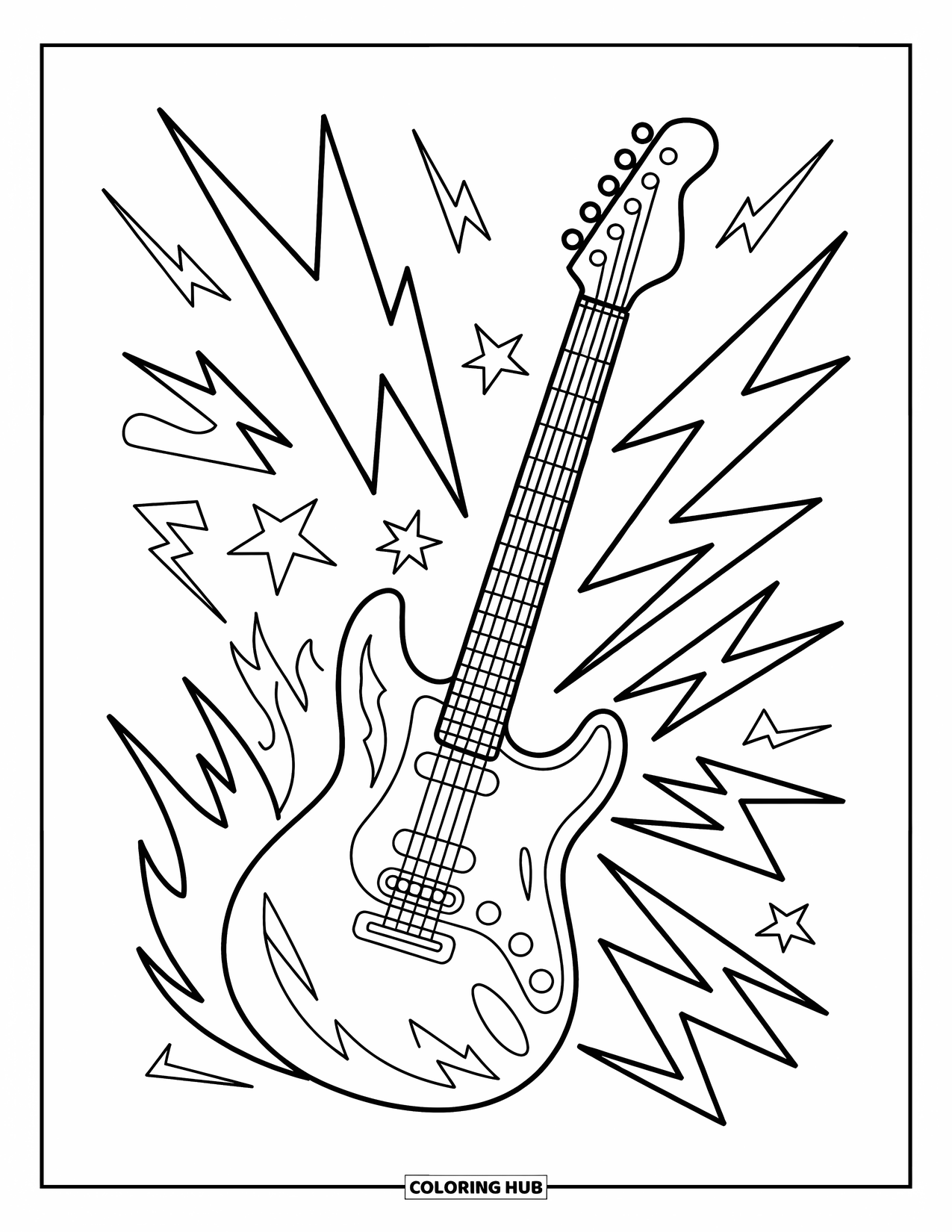 Desenho de Música para Colorir para Crianças: Guitarra elétrica explode com pautas de raios, estrelas e energia ousada