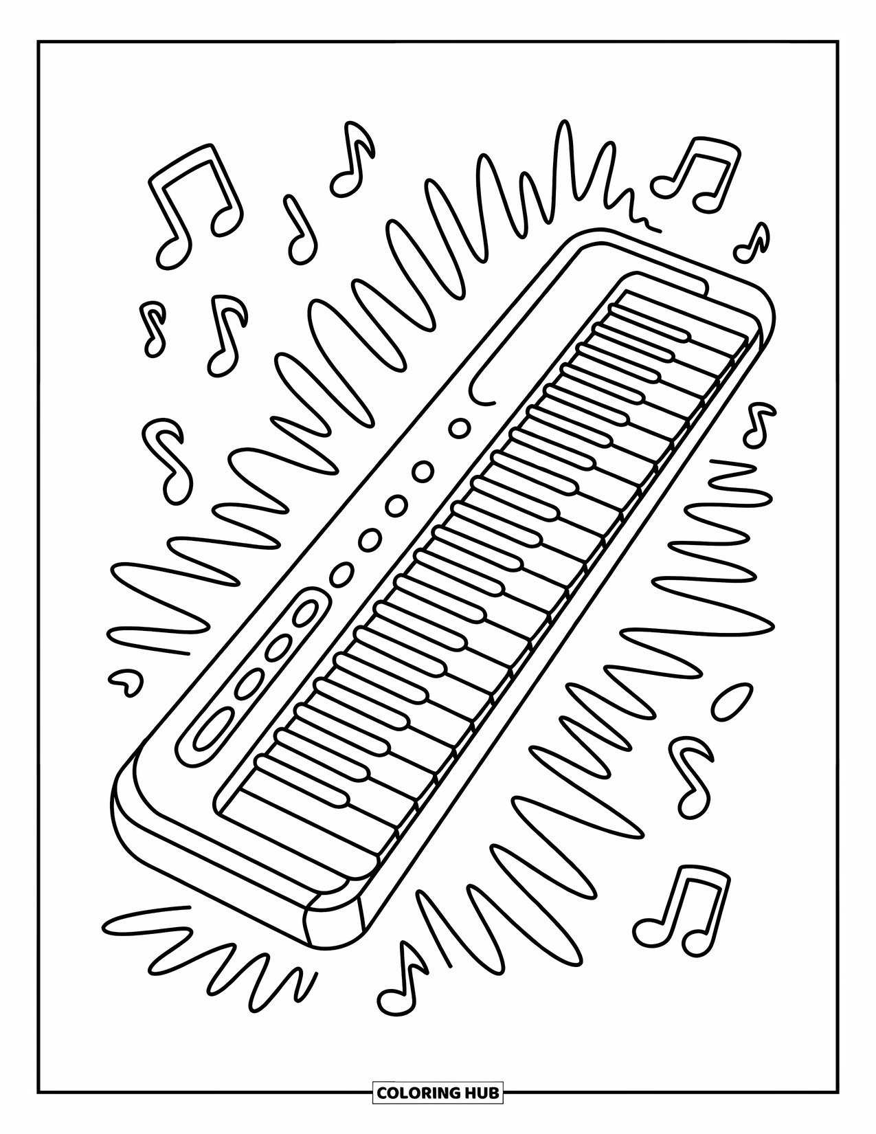 Desenho de Música para Colorir para Crianças: Teclado elétrico com linhas de onda e notas flutuantes explodindo com energia musical