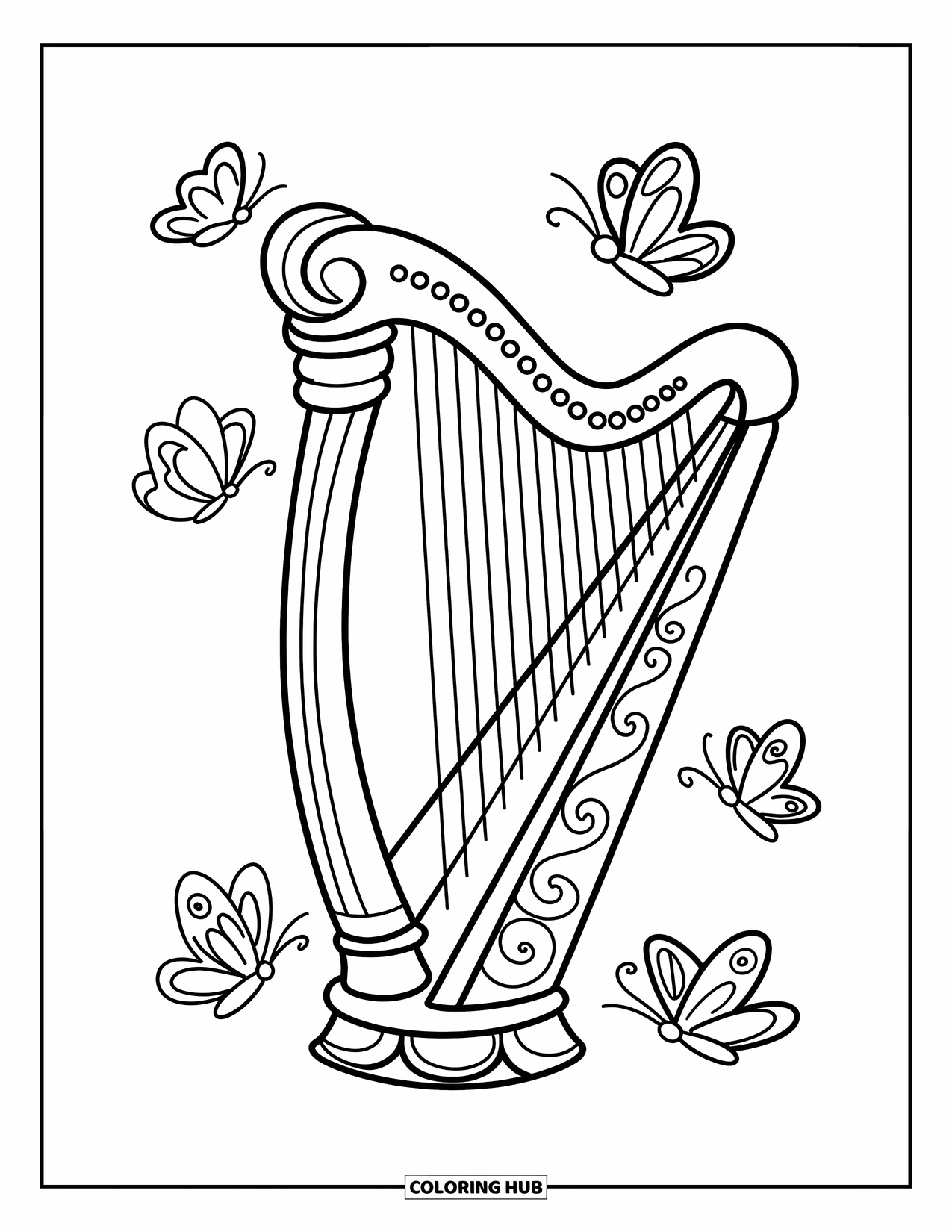Desenho de Música para Colorir para Crianças: Harpa elegante com borboletas esvoaçantes e redemoinhos decorativos fluidos