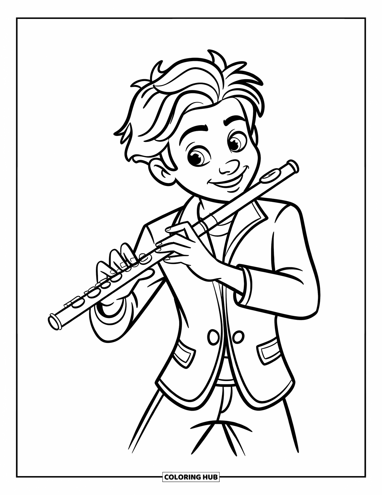 Desenho de Música para Colorir para Crianças: Músico expressivo toca flauta em uma pose de performance divertida e envolvente