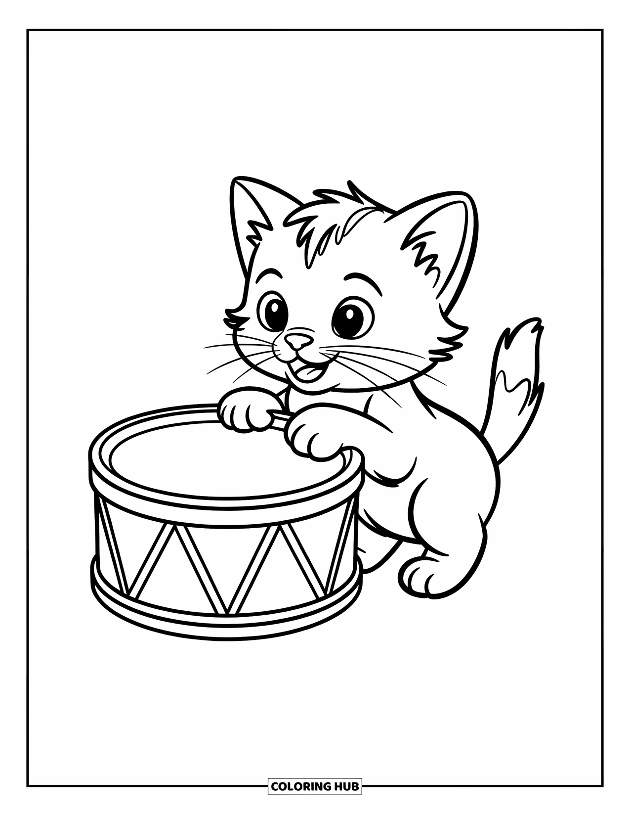 Desenho de Música para Colorir para Crianças: Gatinho fofo ao lado de um tambor com bordas decorativas e uma vibração alegre