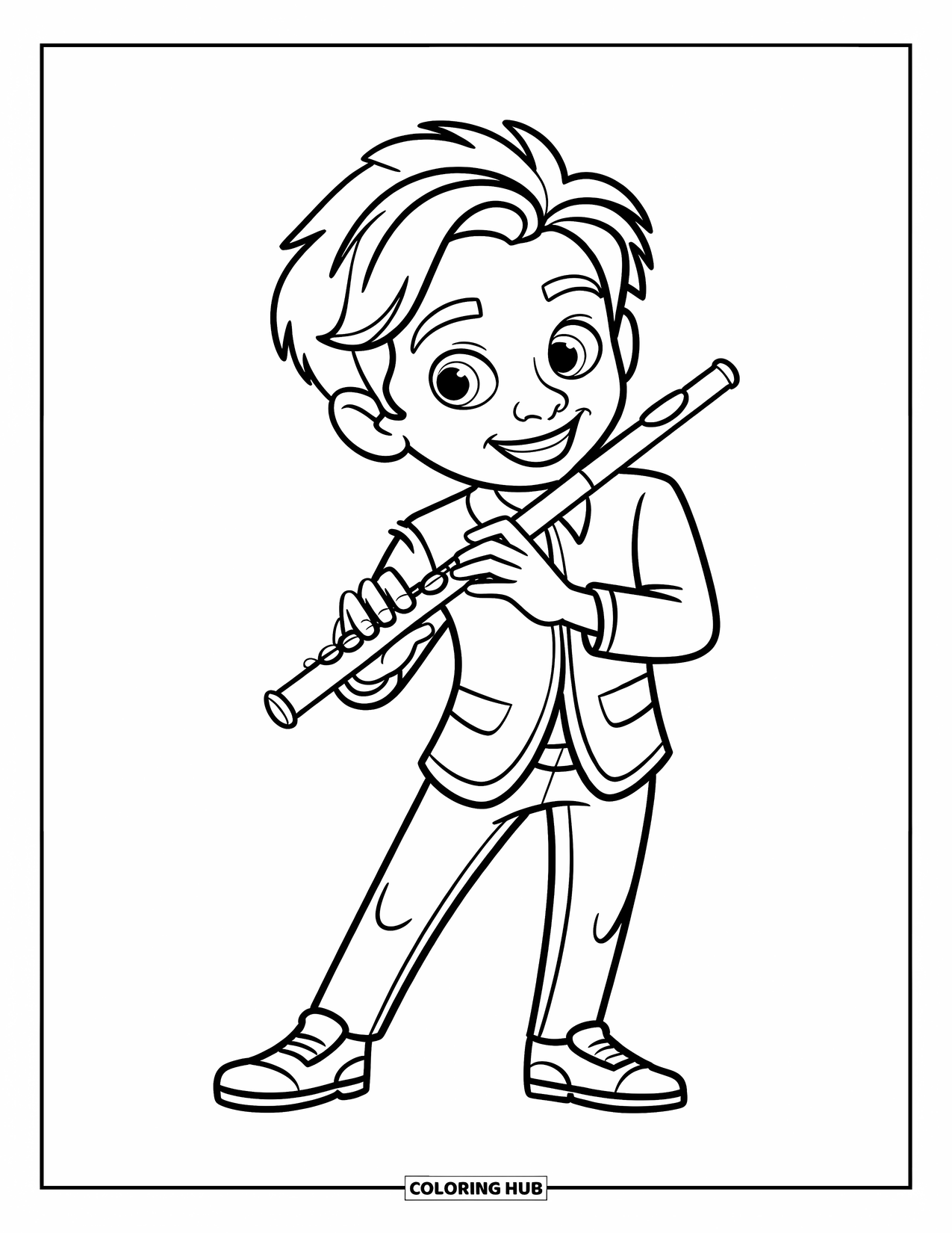 Desenho de Música para Colorir para Crianças: Flautista capturado em um momento animado com uma vibração moderna e artística