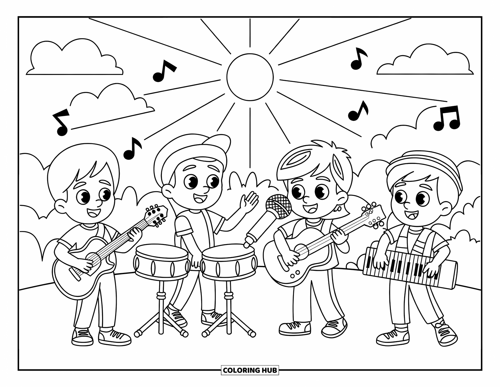 Desenho de Música para Colorir para Crianças: Quatro crianças tocando em uma banda com guitarras, bateria, teclado e vibrações ensolaradas por toda parte