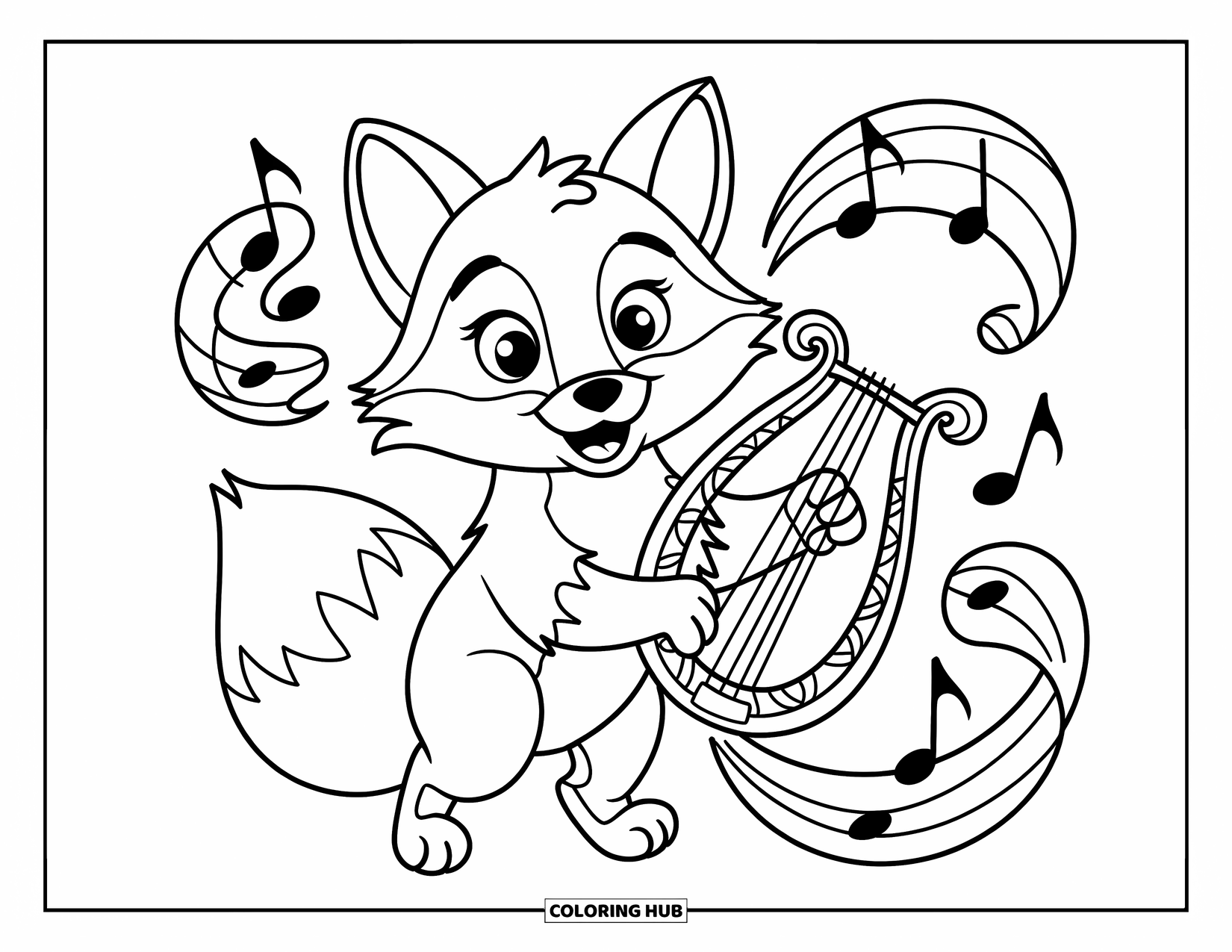 Desenho de Música para Colorir para Crianças: Raposa com olhos grandes toca uma lira enquanto cachos musicais dançam ao redor