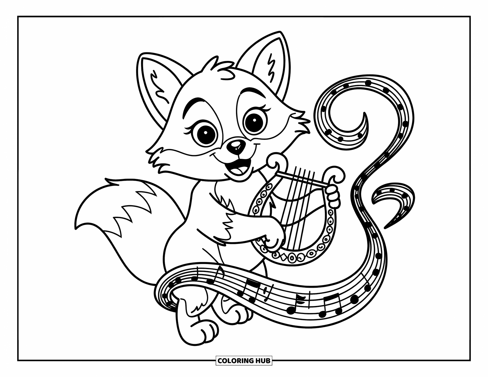 Desenho de Música para Colorir para Crianças: Raposa amigável com uma lira cercada por notas e cachos musicais fluidos