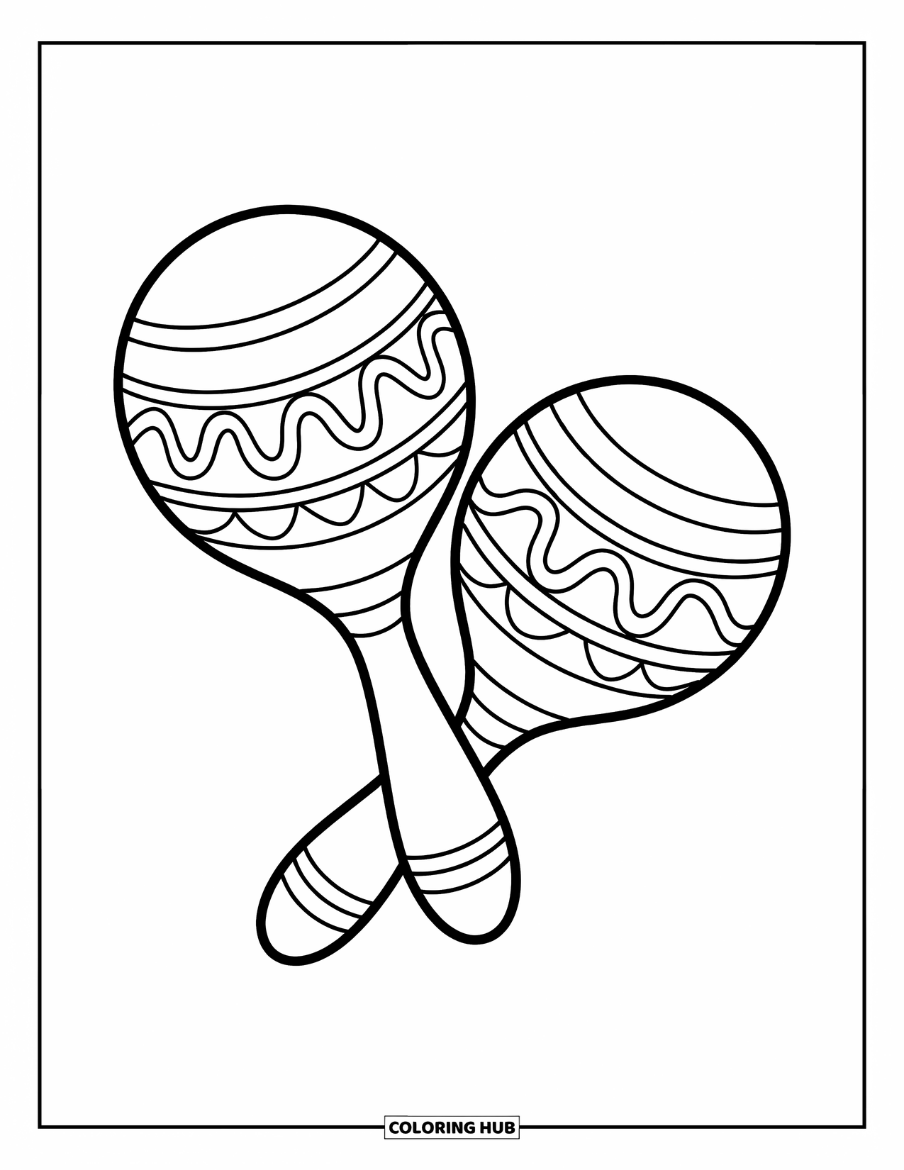 Desenho de Música para Colorir para Crianças: Maracas gigantes com padrões rodopiantes e formas grandes e amigáveis