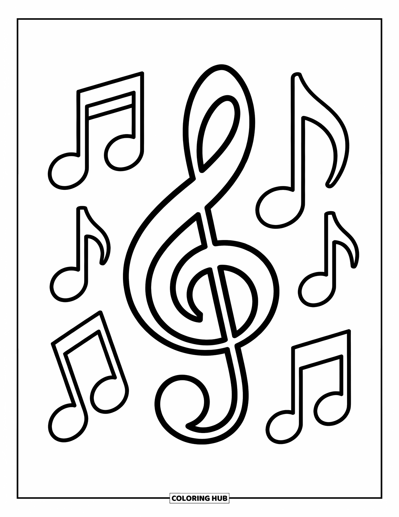 Desenho de Música para Colorir para Crianças: Clave de sol gigante com notas musicais espalhadas e formas alegres