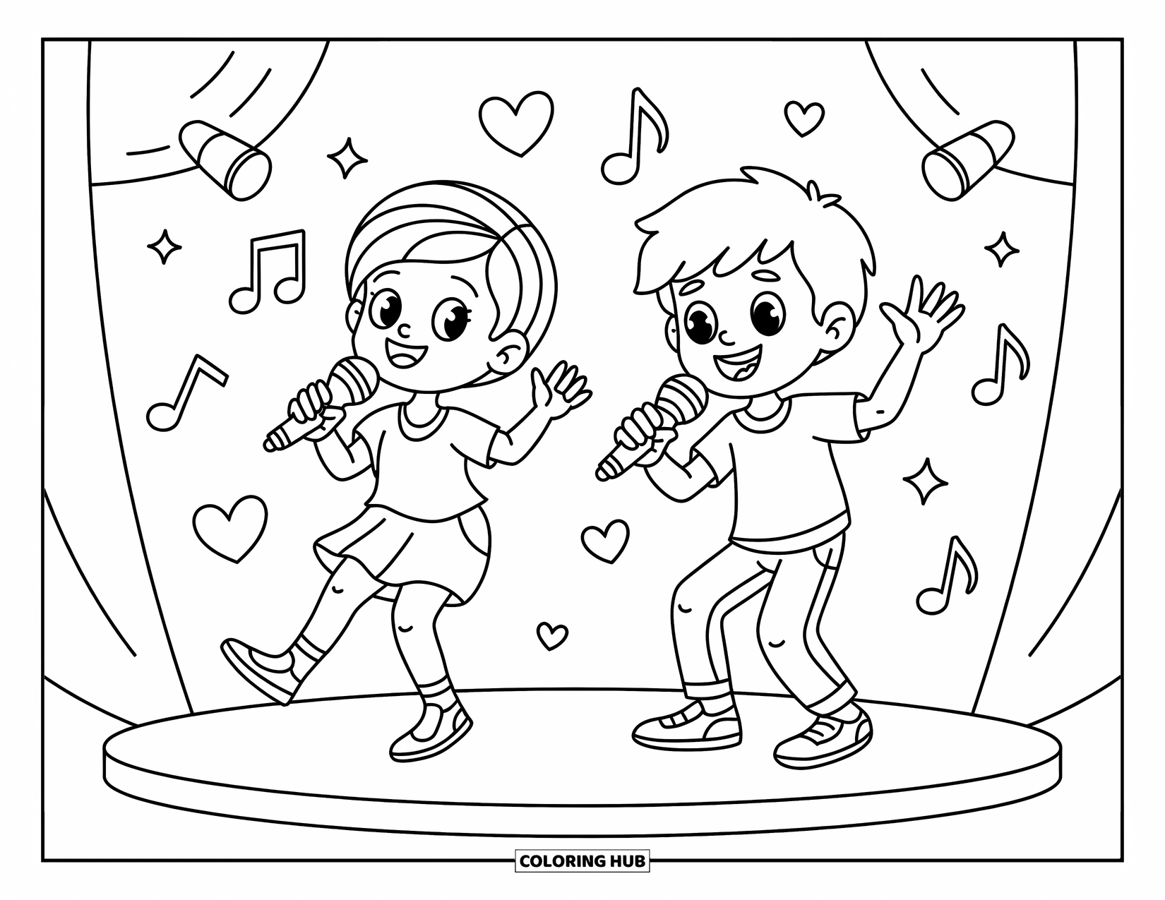 Desenho de Música para Colorir para Crianças: Menina e menino cantando no palco com corações, brilhos e poses dinâmicas