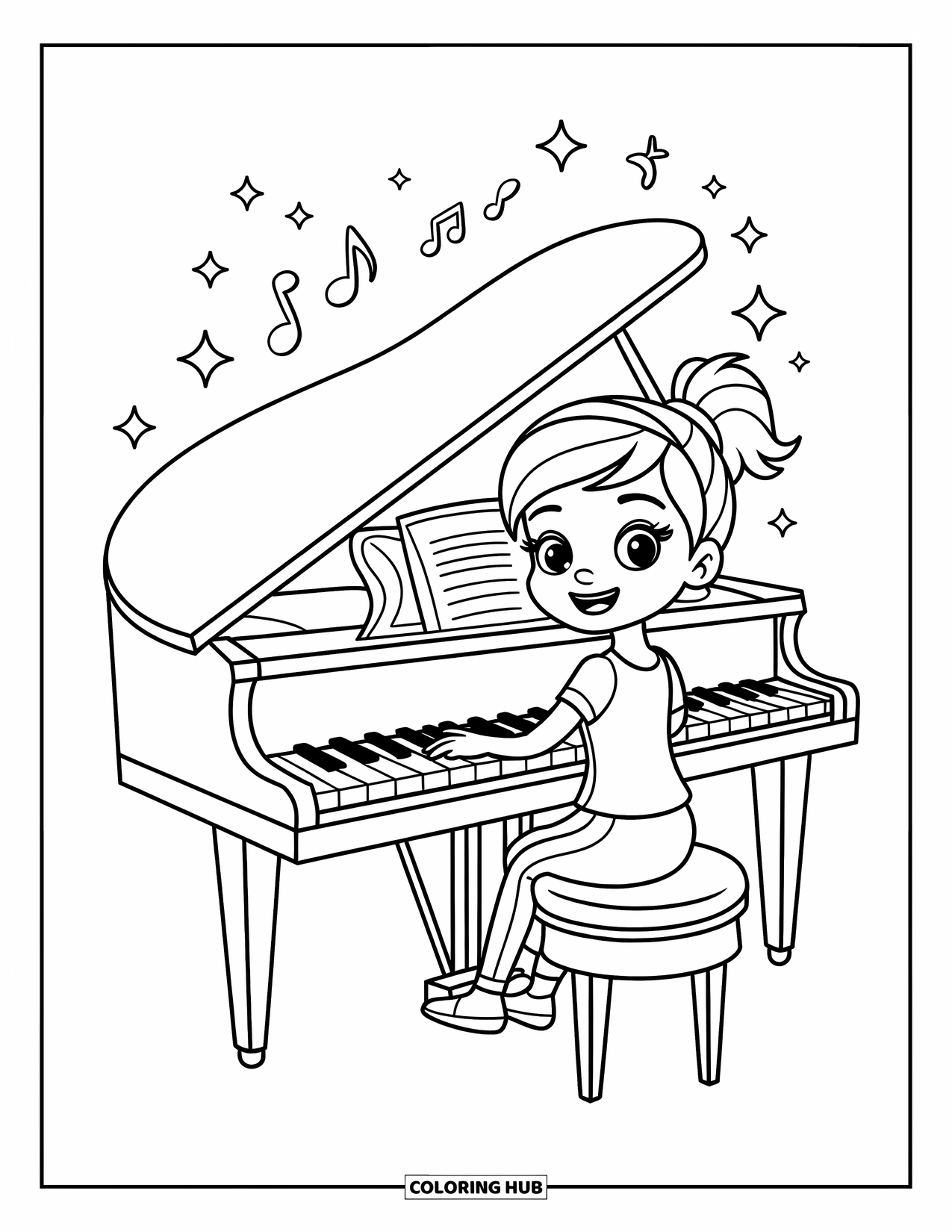 Desenho de Música para Colorir para Crianças: Menina toca piano com brilhos, corações e notas dançando ao redor dela