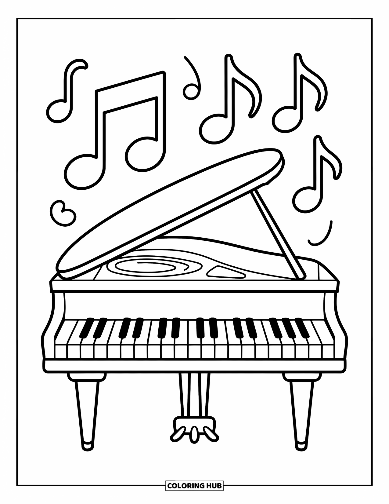 Desenho de Música para Colorir para Crianças: Piano de cauda cercado por grandes notas musicais em uma cena divertida e alegre
