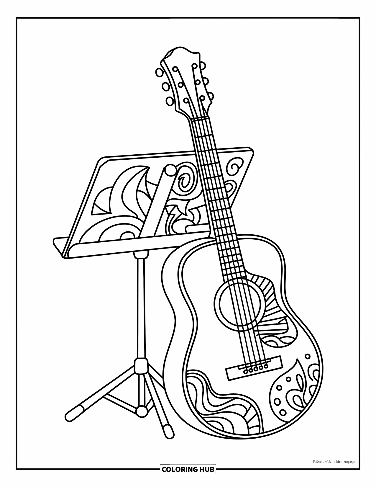 Desenho de Música para Colorir para Crianças: Guitarra apoiada em um suporte com designs geométricos, notas e detalhes artísticos