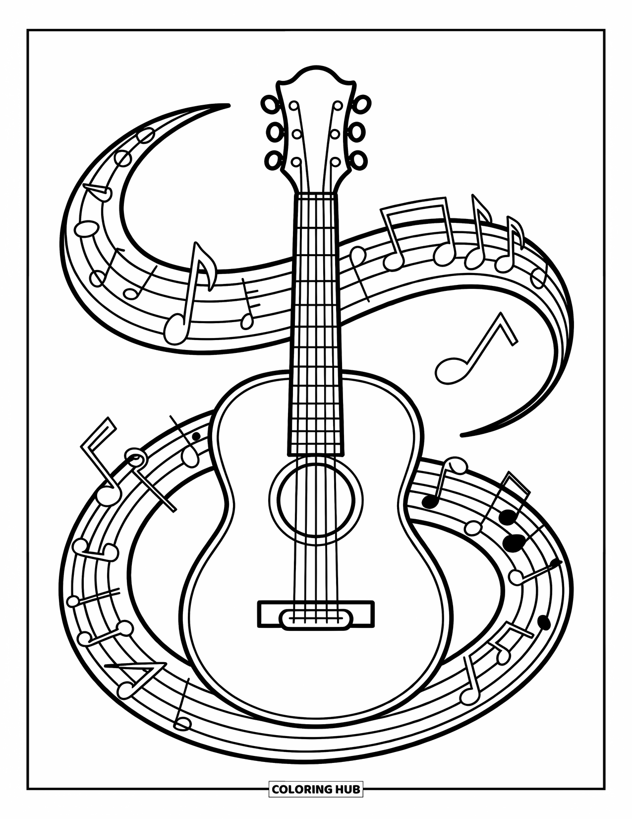 Desenho de Música para Colorir para Crianças: Guitarra cercada por pautas curvas e símbolos musicais alegres