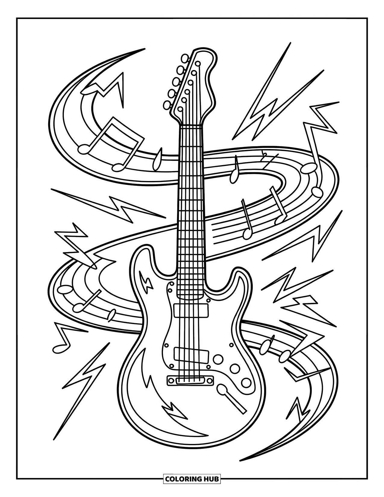Desenho de Música para Colorir para Crianças: Guitarra com raios, notas rodopiantes e uma vibração moderna ousada