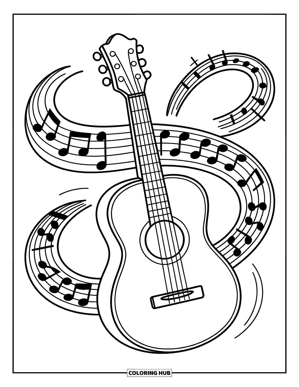 Desenho de Música para Colorir para Crianças: Guitarra com pautas em loop e notas divertidas dançando ao redor