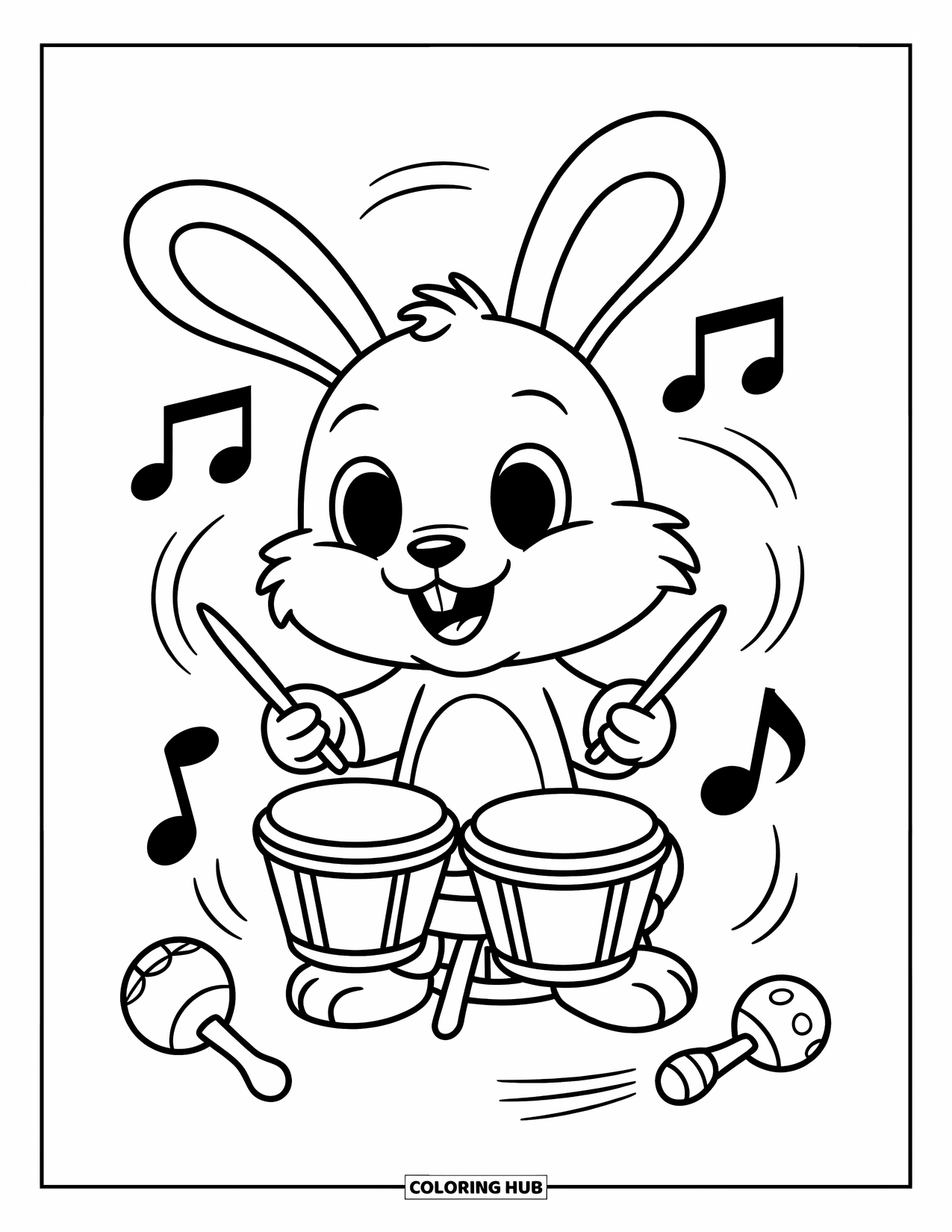 Desenho de Música para Colorir para Crianças: Coelhinho feliz em um banquinho tocando bongôs com notas, maracas e pandeiros ao redor