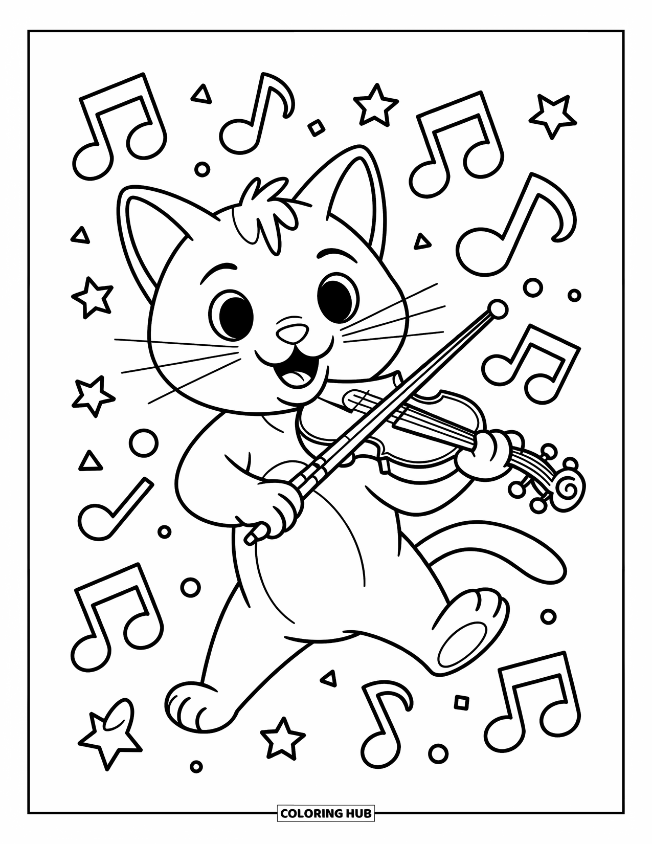 Desenho de Música para Colorir para Crianças: Gato feliz com um violino, dançando entre estrelas, círculos e notas musicais