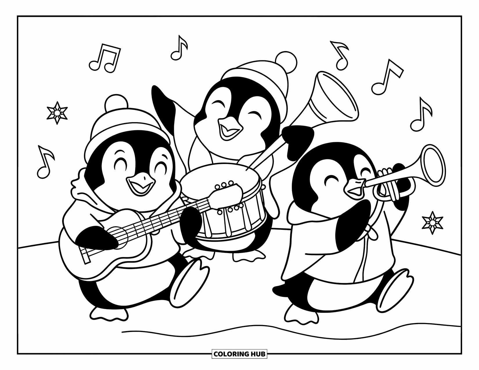 Desenho de Música para Colorir para Crianças: Banda de pinguins feliz toca música com flocos de neve e vibrações alegres