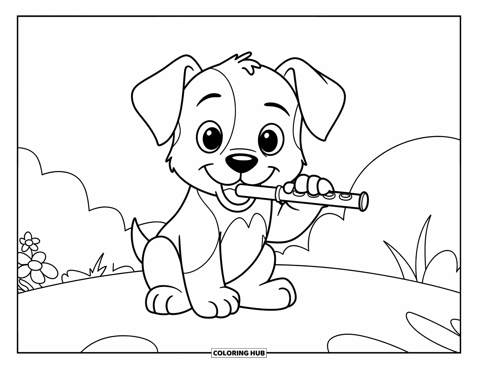 Desenho de Música para Colorir para Crianças: Cachorrinho feliz segurando uma flauta com algumas flores e fundo simples