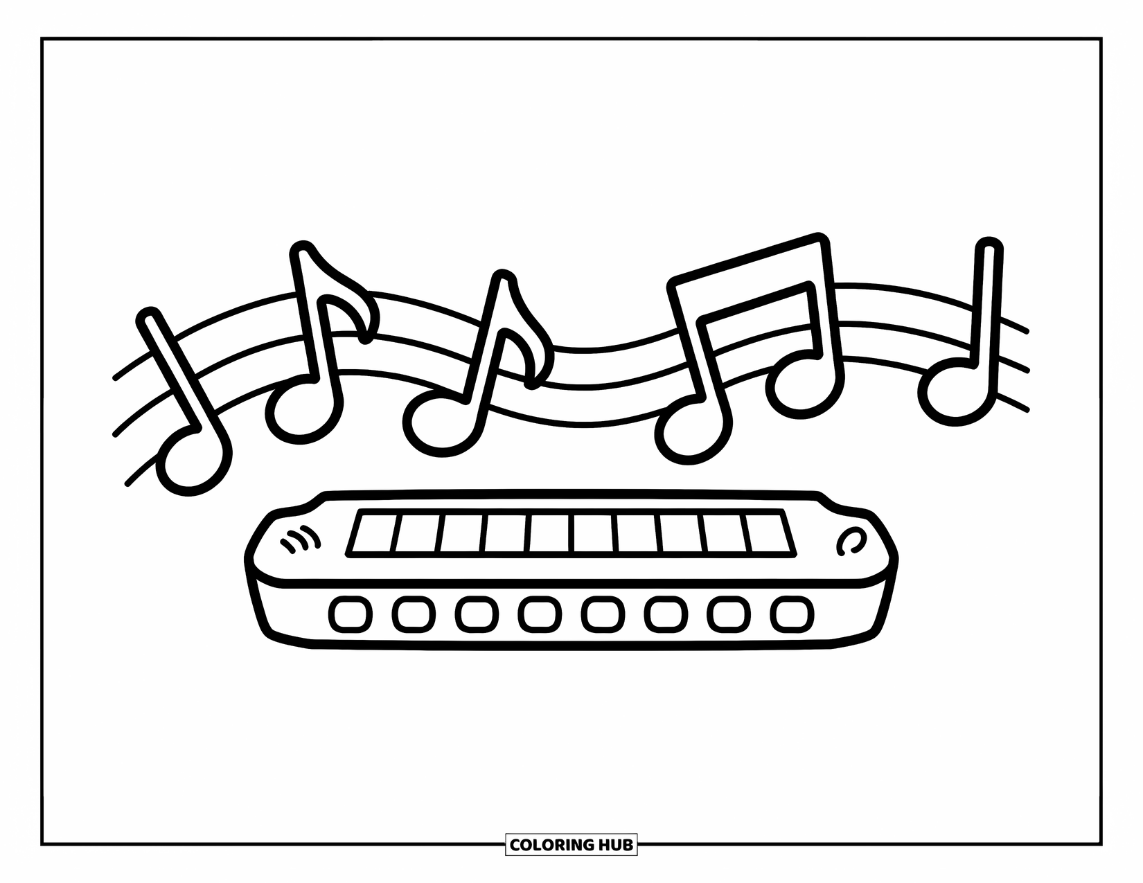 Desenho de Música para Colorir para Crianças: Gaita com notas musicais curvando-se para cima em uma cena alegre e simples
