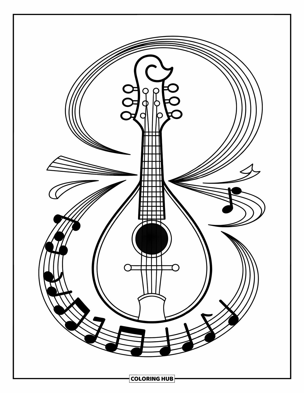 Desenho de Música para Colorir para Crianças: Design intrincado de bandolim cercado por linhas fluidas e notas musicais divertidas
