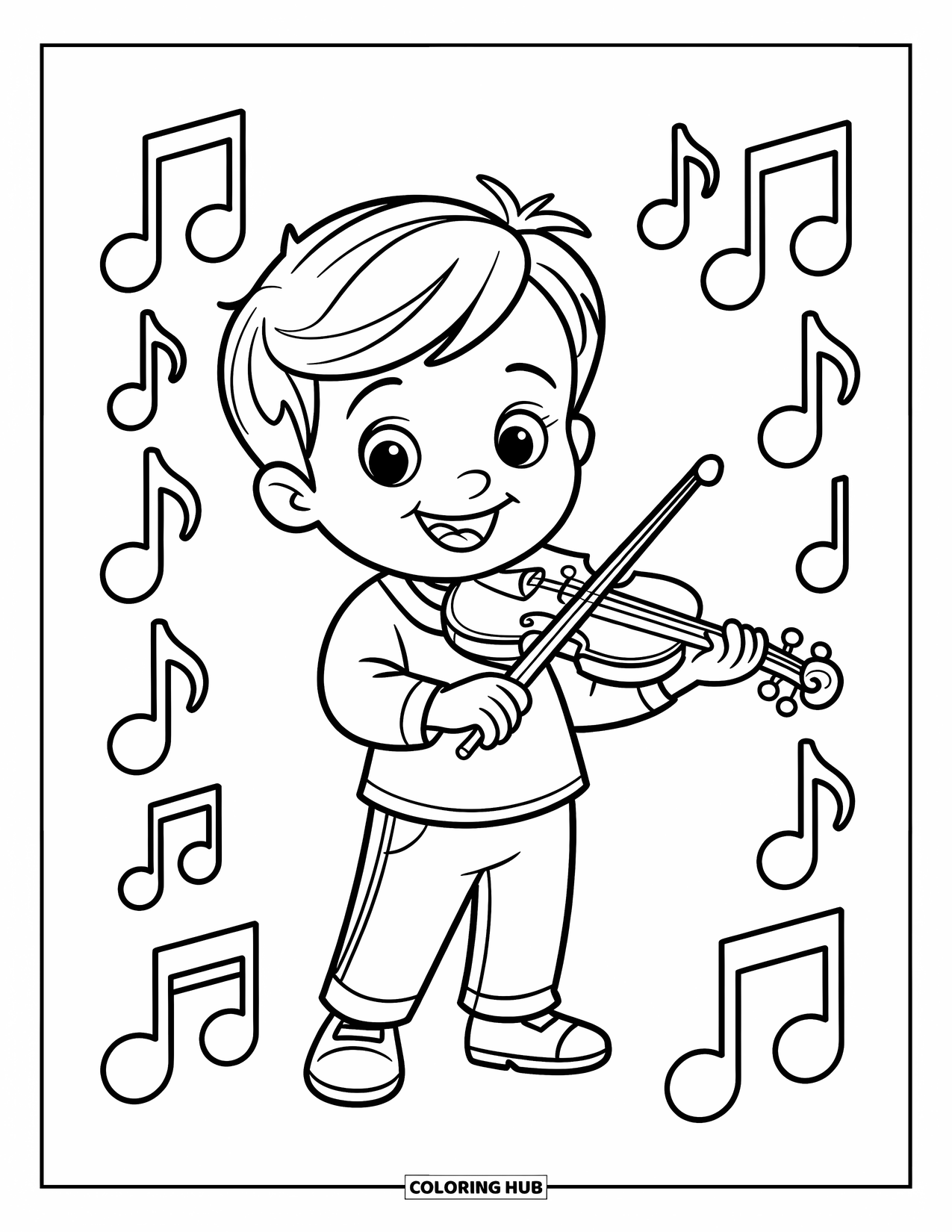 Desenho de Música para Colorir para Crianças: Criança alegre com um violino cercada por uma moldura de notas musicais dançantes