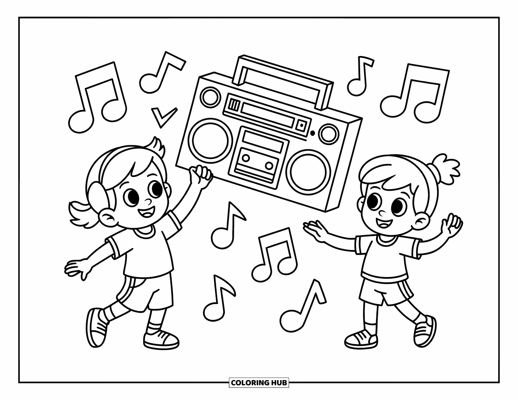 Desenho de Música para Colorir para Crianças: Crianças dançando perto de um boombox com notas divertidas preenchendo o ar