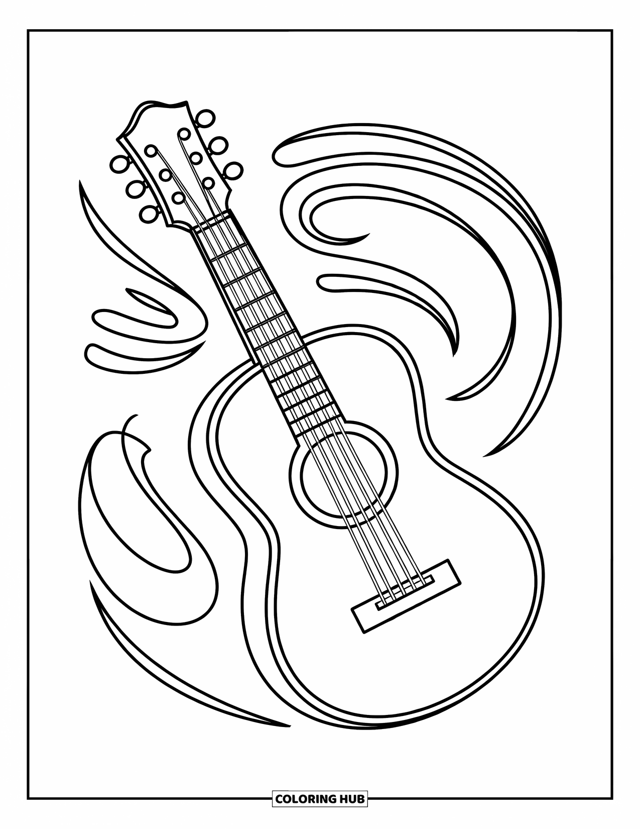 Desenho de Música para Colorir para Crianças: Guitarra grande com linhas de música fluidas e formas arredondadas e felizes