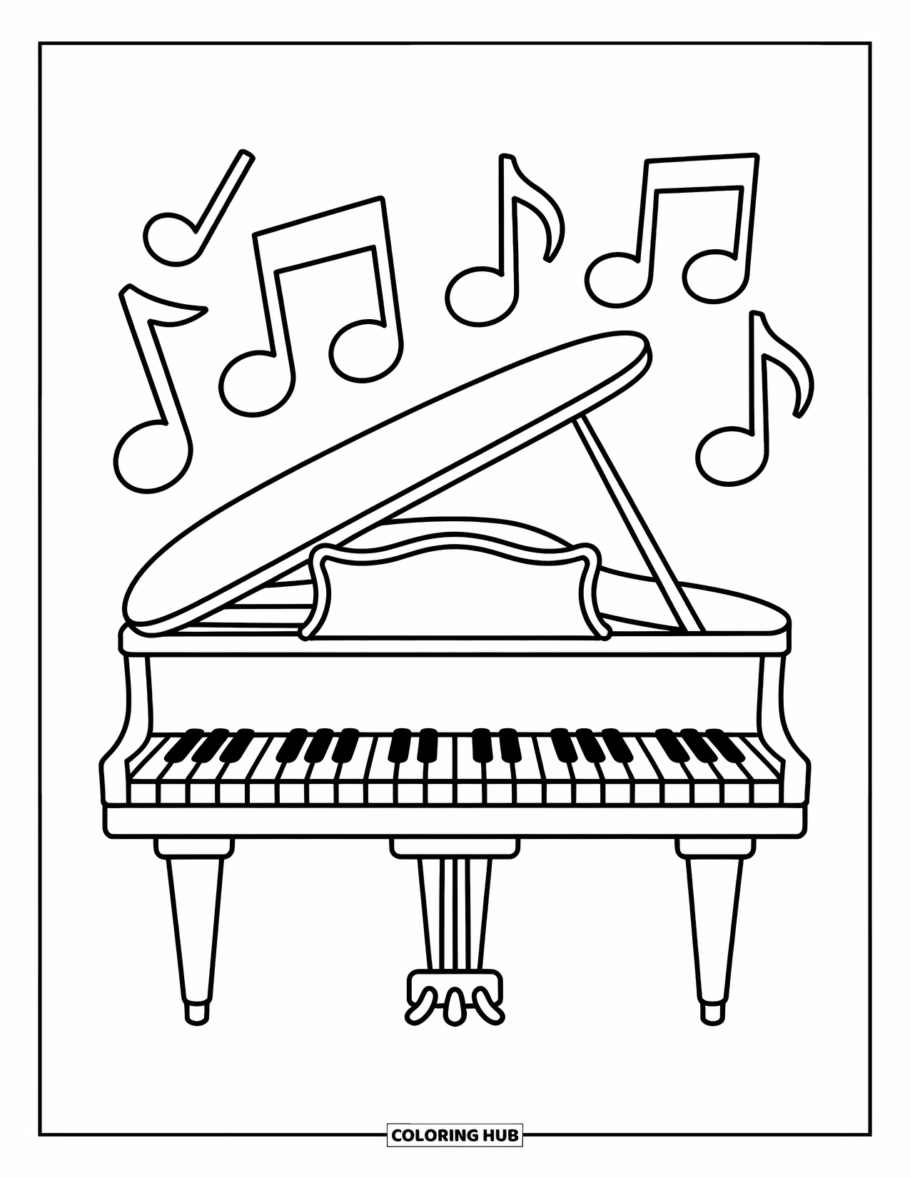 Desenho de Música para Colorir para Crianças: Piano grande com notas flutuantes e formas divertidas por toda parte