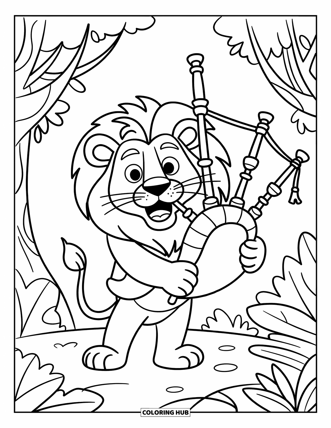 Desenho de Música para Colorir para Crianças: Leão com gaita de foles em uma selva frondosa com um grande sorriso e juba rodopiante