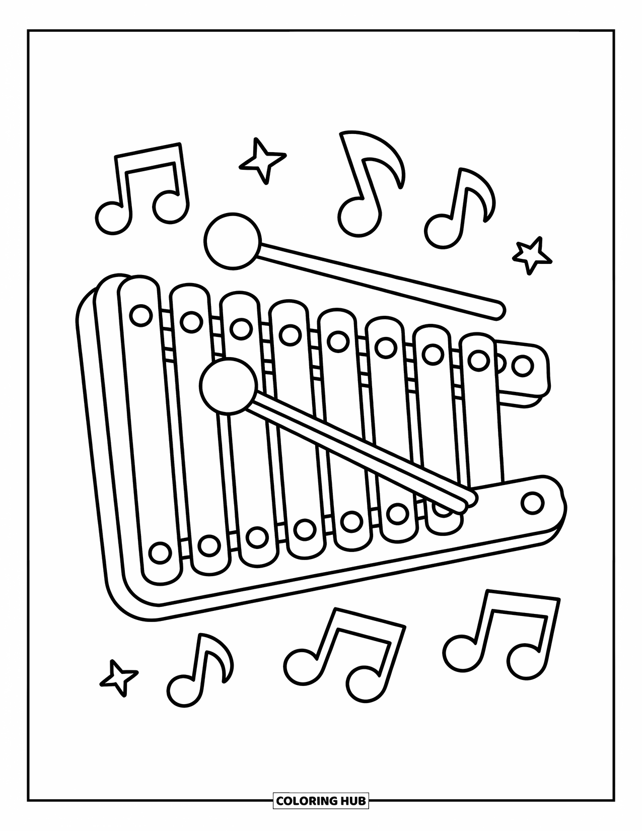Desenho de Música para Colorir para Crianças: Baquetas descansam em um xilofone cercado por estrelas e notas em um layout divertido