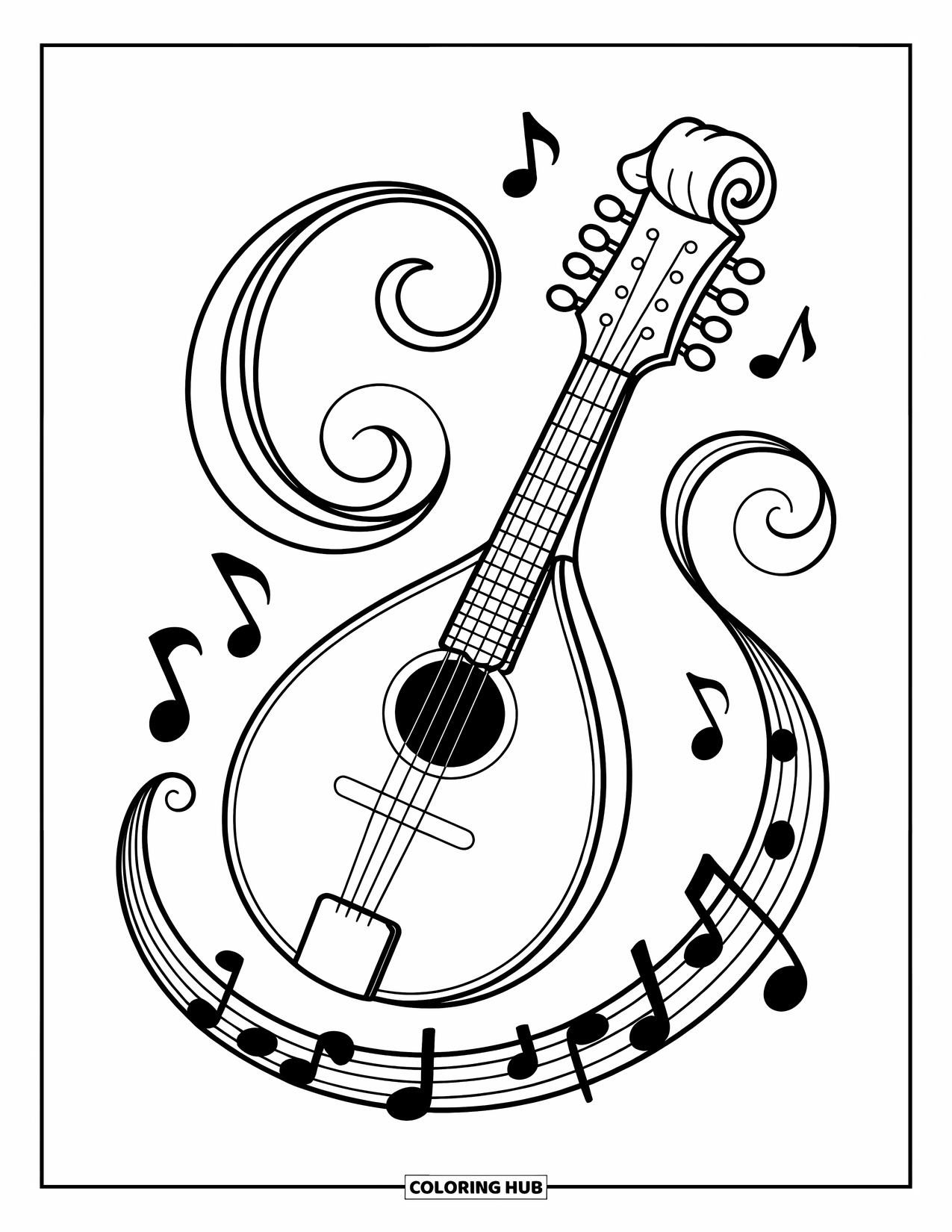Desenho de Música para Colorir para Crianças: Bandolim com braço em espiral e borda musical de redemoinhos e notas