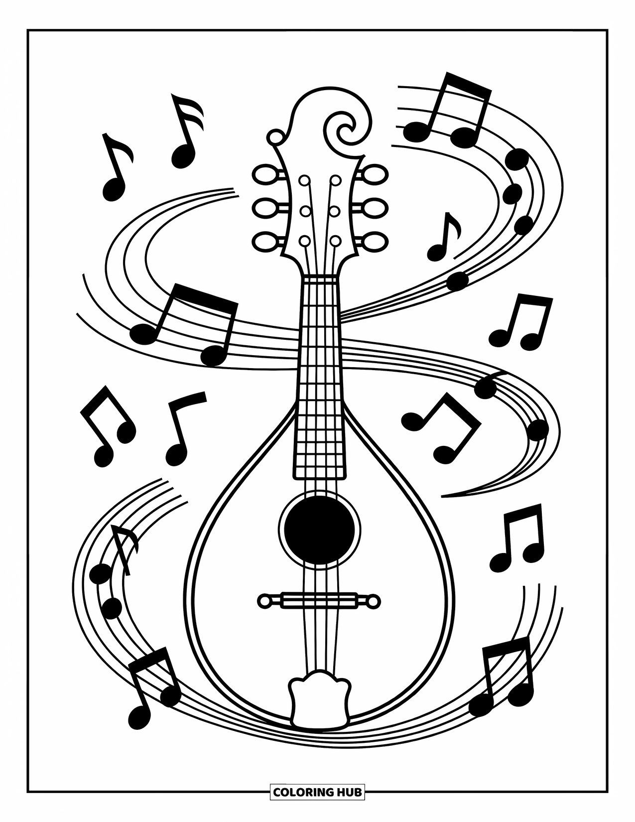 Desenho de Música para Colorir para Crianças: Bandolim com linhas rodopiantes e uma borda feita de notas musicais