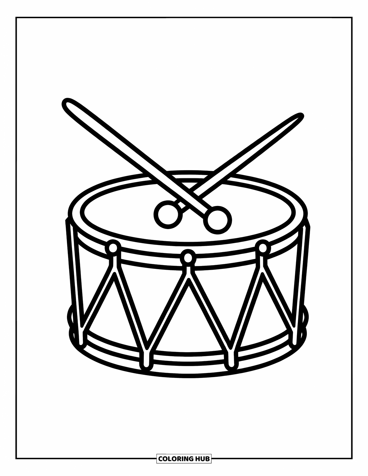 Desenho de Música para Colorir para Crianças: Tambor de marcha com baquetas cruzadas e padrões decorativos ousados