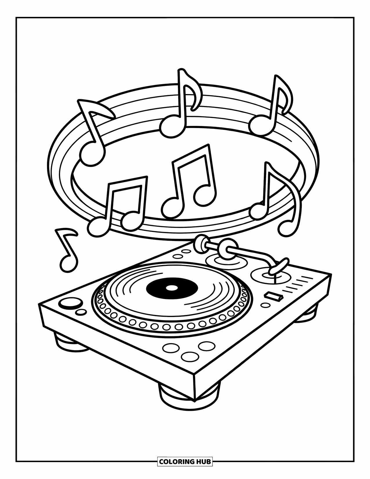 Desenho de Música para Colorir para Crianças: Notas flutuam em um círculo ao redor de uma configuração dinâmica de mesa de DJ