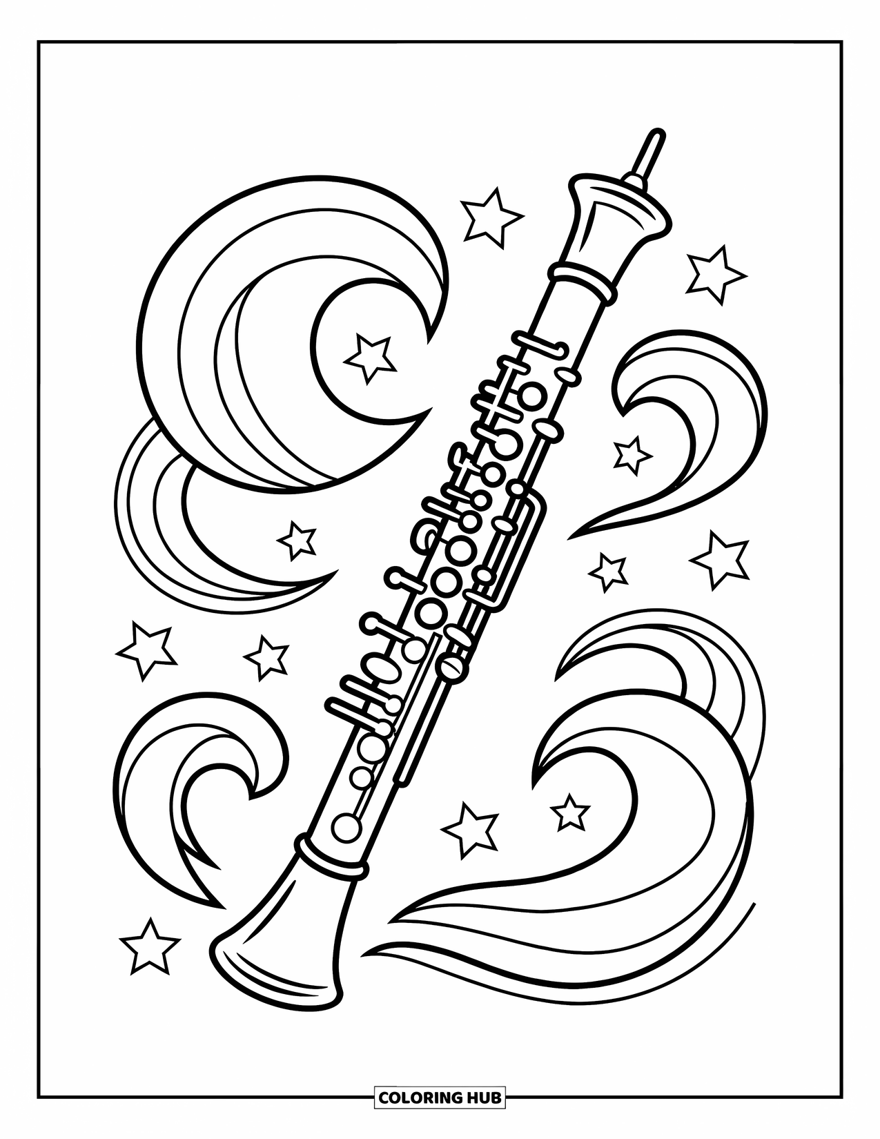 Desenho de Música para Colorir para Crianças: Oboé cercado por ondas e estrelas em um design mágico e musical