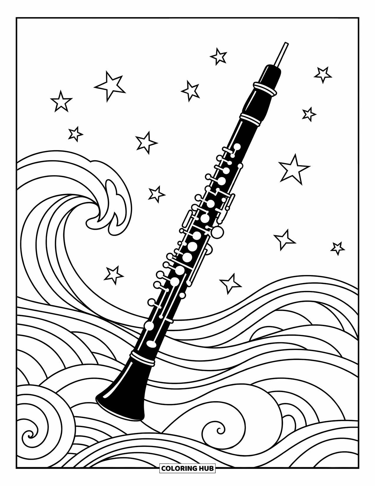 Desenho de Música para Colorir para Crianças: Oboé com ondas suaves e estrelas espalhadas em uma cena divertida e fluida