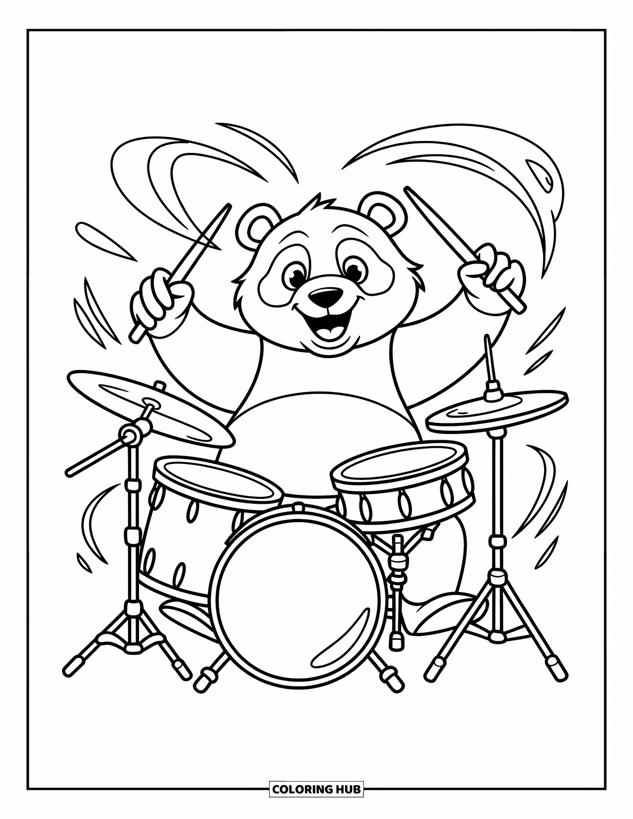 Desenho de Música para Colorir para Crianças: Panda baterista arrasa com pratos, linhas de movimento e um sorriso divertido