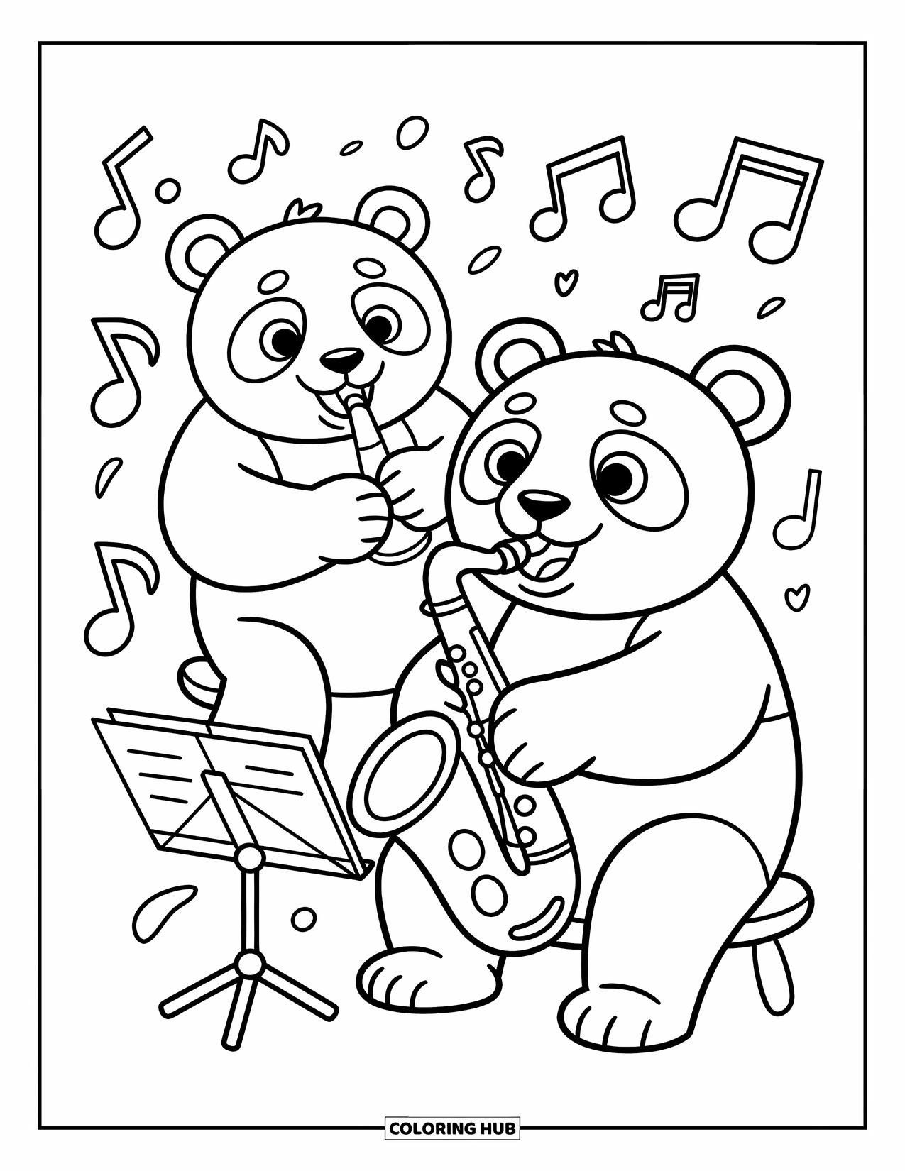 Desenho de Música para Colorir para Crianças: Dupla de pandas toca saxofone com notas e uma estante de música por perto