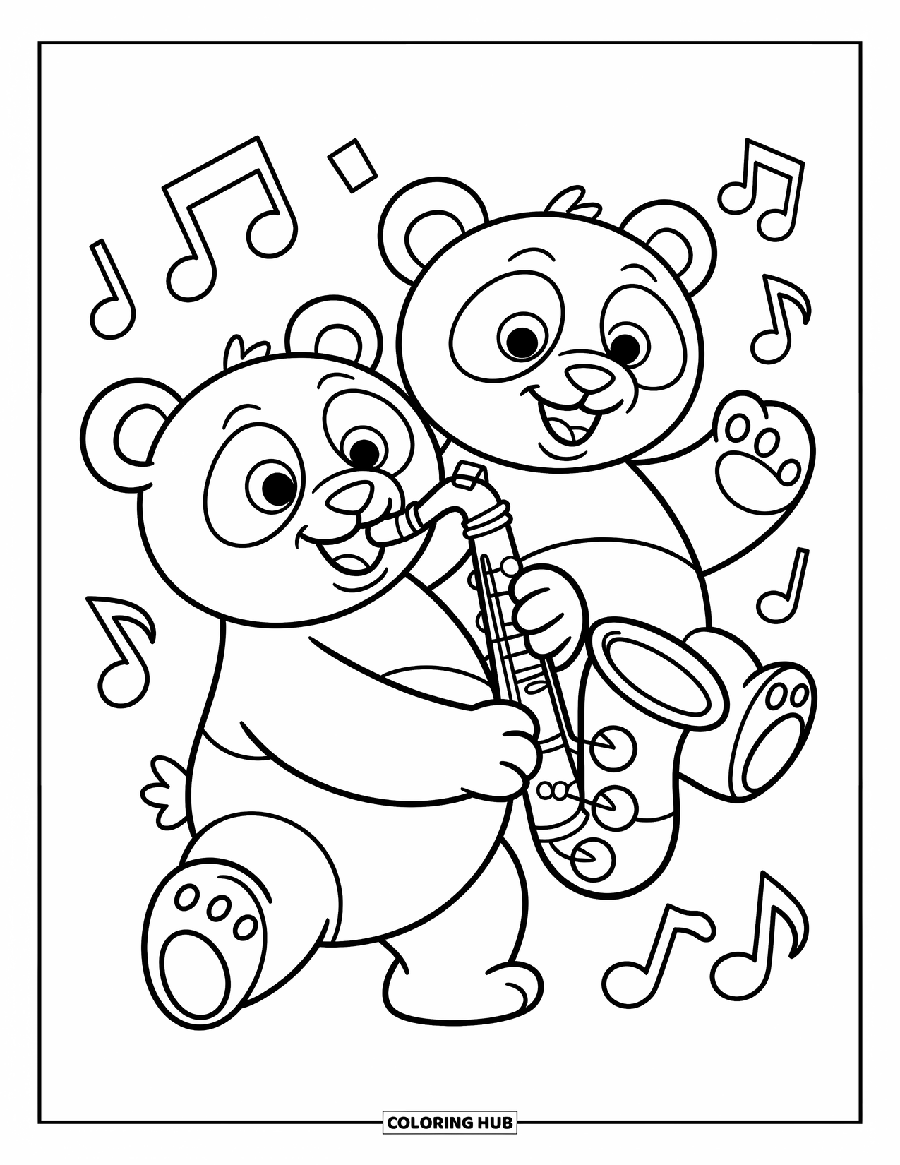Desenho de Música para Colorir para Crianças: Pandas com um saxofone cercado por notas flutuantes e energia divertida