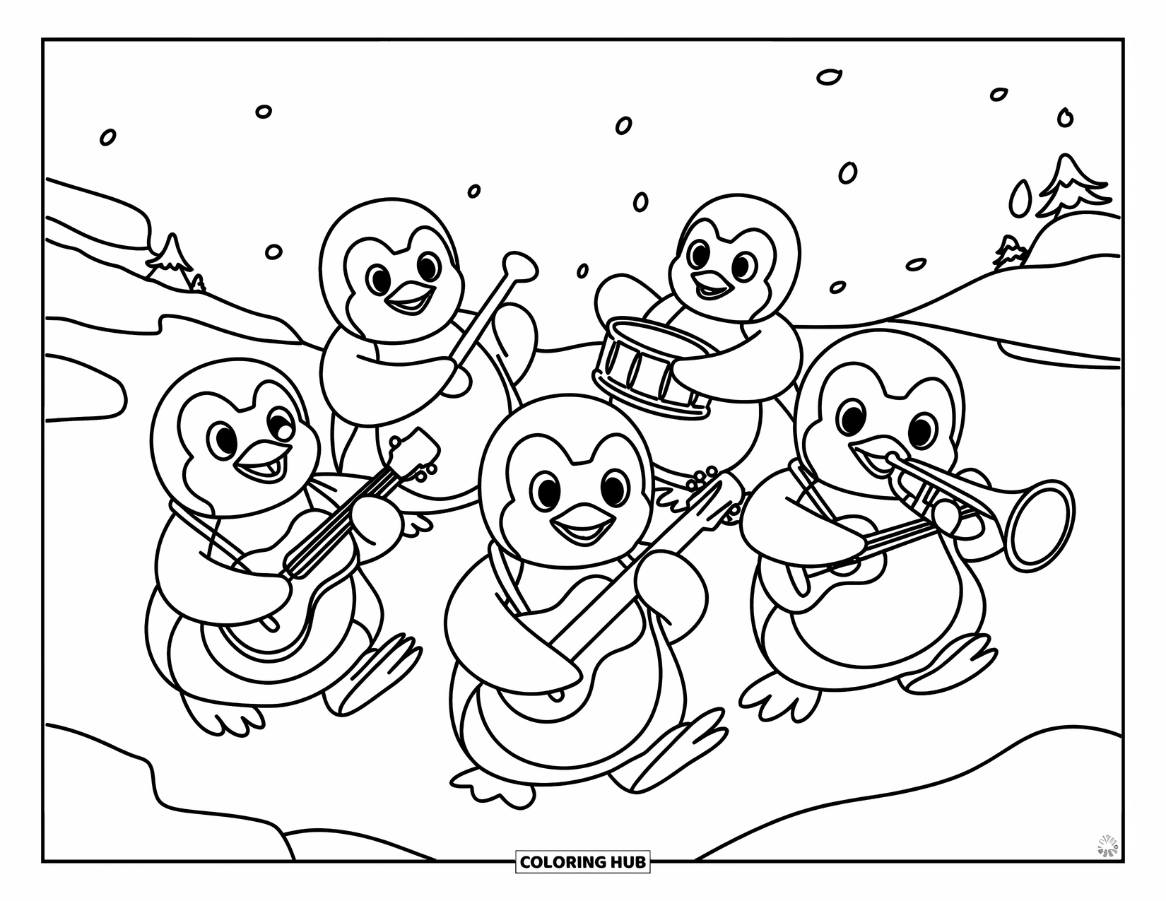 Desenho de Música para Colorir para Crianças: Pinguins tocam instrumentos em uma cena de neve com rostos alegres e neve caindo
