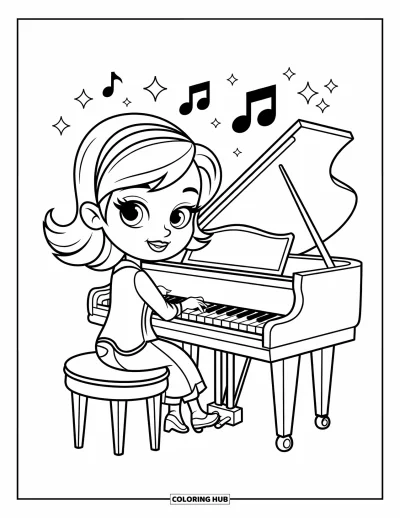 Musiikkivärityskuva lapsille: Pianoa soittava tyttö kimaltein, nuotein ja iloisessa musiikillisessa kohtauksessa