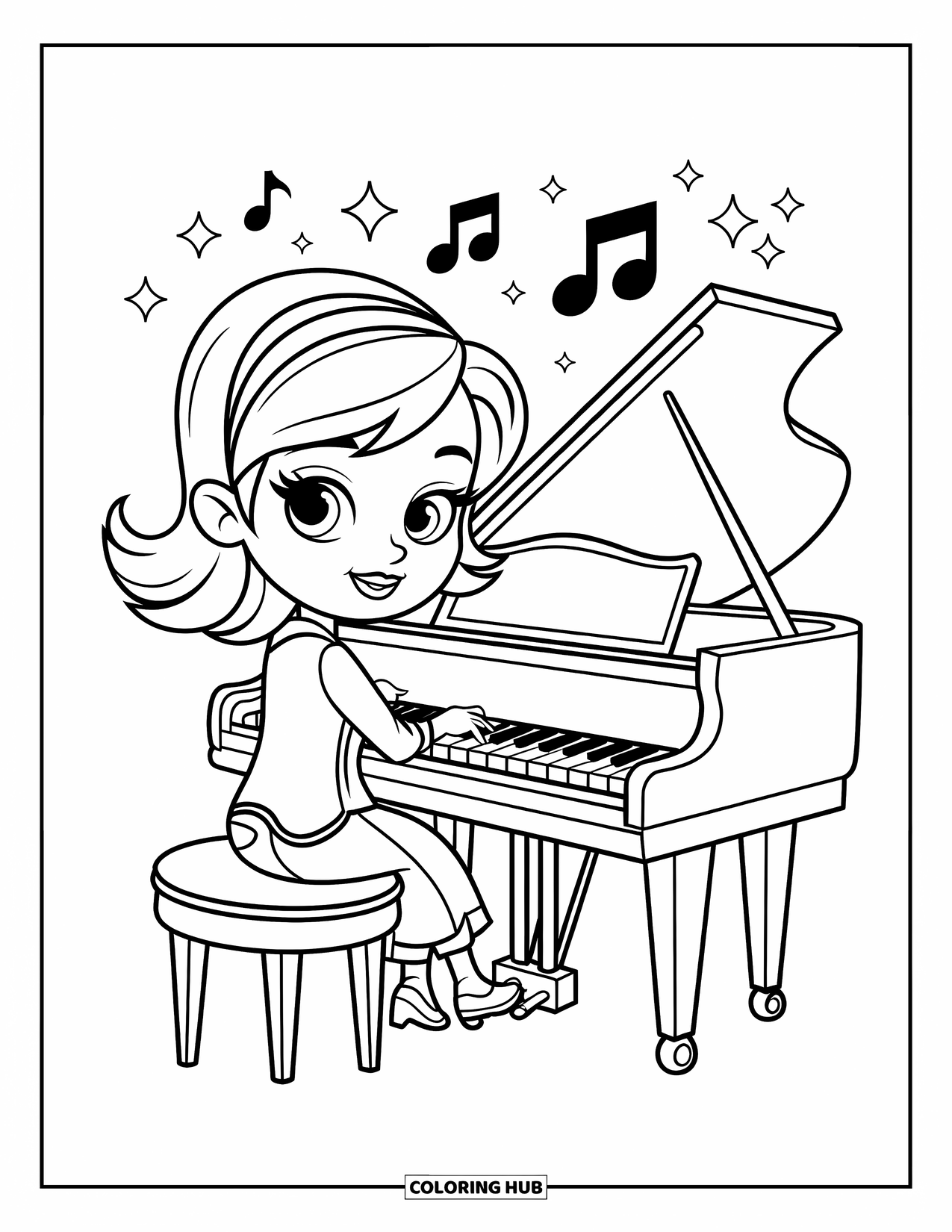 Desenho de Música para Colorir para Crianças: Menina tocando piano cercada por brilhos, notas e uma cena musical alegre