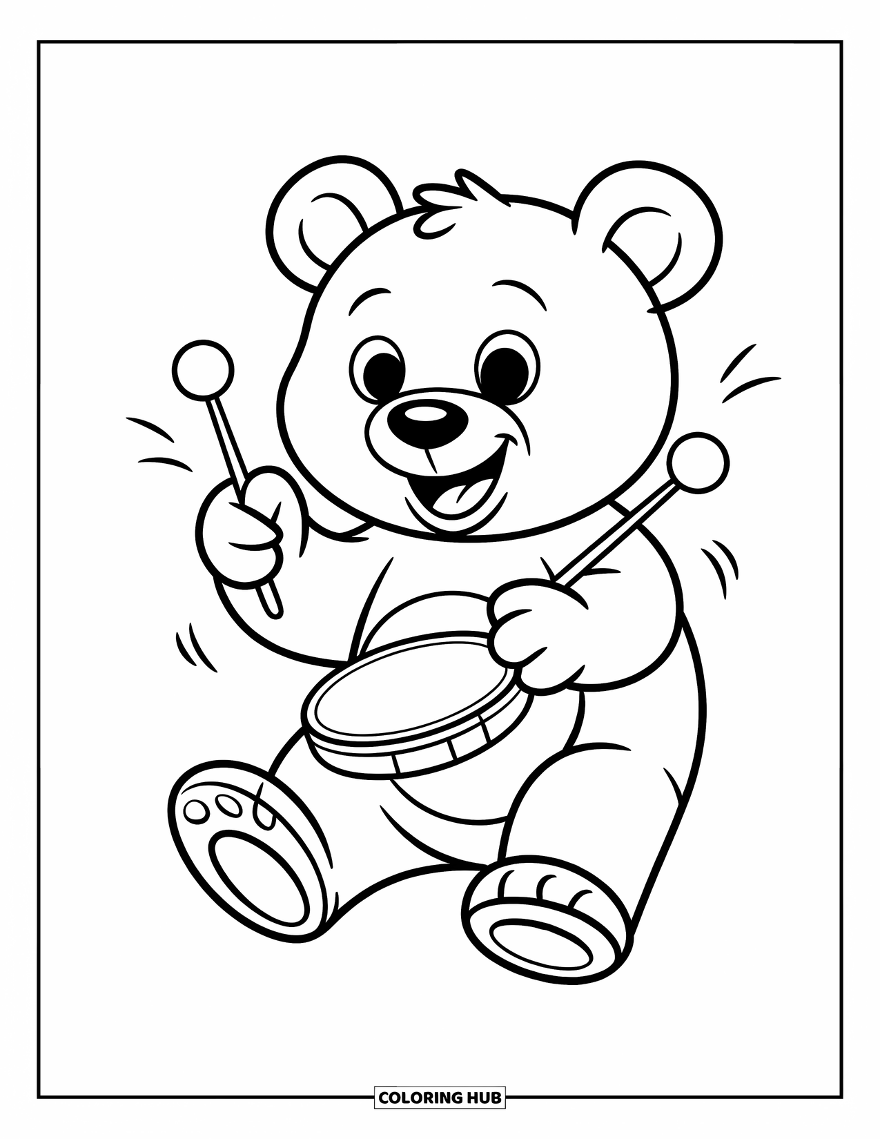 Desenho de Música para Colorir para Crianças: Urso brincalhão batendo pratos com linhas energéticas e um grande sorriso